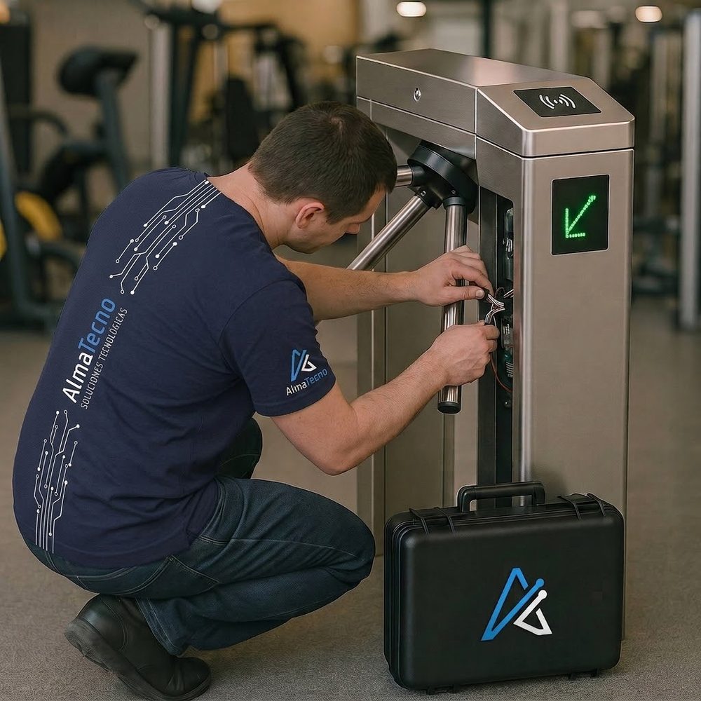 Técnico de AlmaTecno instalando la controladora en un molinete